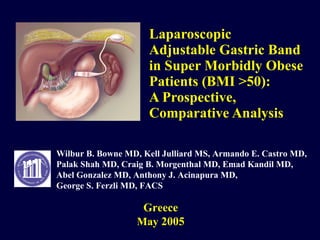 Laparoscopic Adjustable Gastric Band in Super Morbidly Obese Patients (BMI >50): A Prospective, Comparative Analysis Greece May  2005 Wilbur B. Bowne MD, Kell Julliard MS, Armando E. Castro MD,  Palak Shah MD, Craig B. Morgenthal MD, Emad Kandil MD, Abel Gonzalez MD, Anthony J. Acinapura MD,  George S. Ferzli MD, FACS 