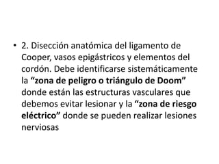 • 2. Disección anatómica del ligamento de
Cooper, vasos epigástricos y elementos del
cordón. Debe identificarse sistemáticamente
la “zona de peligro o triángulo de Doom”
donde están las estructuras vasculares que
debemos evitar lesionar y la “zona de riesgo
eléctrico” donde se pueden realizar lesiones
nerviosas
 