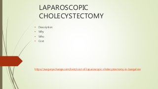 LAPAROSCOPIC
CHOLECYSTECTOMY
• Description
• Why
• Who
• Cost
https://surgeryxchange.com/best/cost-of-laparoscopic-cholecystectomy-in-bangalore
 