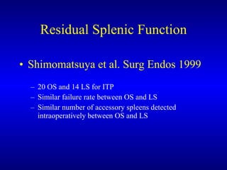 Residual Splenic Function Shimomatsuya et al. Surg Endos 1999 20 OS and 14 LS for ITP Similar failure rate between OS and LS Similar number of accessory spleens detected intraoperatively between OS and LS 
