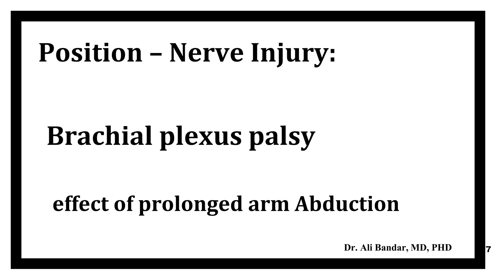 Brachial plexus palsy
effect of prolonged arm Abduction
17
Position – Nerve Injury:
Dr. Ali Bandar, MD, PHD
 
