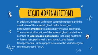RIGHT ADRENALECTOMY
In addition, difficulty with open surgical exposure and the
small size of the adrenal gland make this organ
particularly amenable to a minimally invasive technique.
The anatomical location of the adrenal gland has led to a
number of laparoscopic approaches, including posterior
or lateral retroperitoneal, transthoracic, and lateral
transperitoneal. In this paper we review the varied surgical
techniques used for LA.
Saleh
 