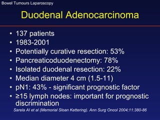 Duodenal Adenocarcinoma 137 patients 1983-2001 Potentially curative resection: 53%  Pancreaticoduodenectomy: 78% Isolated duodenal resection: 22% Median diameter 4 cm (1.5-11) pN1: 43% - significant prognostic factor ≥ 15 lymph nodes: important for prognostic discrimination Sarela AI et al (Memorial Sloan Kettering). Ann Surg Oncol 2004;11:380-86 