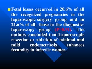 Fetal losses occurred in 20.6% of all the recognized pregnancies in the laparoscopic-surgery group and in 21.6% of all  those in the diagnostic-laparoscopy group  (P=0.91) . The authors concluded that Laparoscopic resection or ablation of minimal and mild endometriosis enhances fecundity in infertile women. 