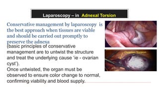 Laparoscopy – in Adnexal Torsion
Conservative management by laparoscopy is
the best approach when tissues are viable
and should be carried out promptly to
preserve the adnexa
(basic principles of conservative
management are to untwist the structure
and treat the underlying cause ‘ie - ovarian
cyst’).
Once untwisted, the organ must be
observed to ensure color change to normal,
confirming viability and blood supply.
 