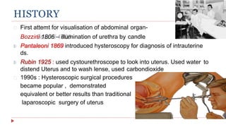HISTORY
First attemt for visualisation of abdominal organ-
Bozzini 1806 – illumination of urethra by candle
Pantaleoni 1869 introduced hysteroscopy for diagnosis of intrauterine
ds.
Rubin 1925 : used cystourethroscope to look into uterus. Used water to
distend Uterus and to wash lense, used carbondioxide
1990s : Hysteroscopic surgical procedures
became popular , demonstrated
equivalent or better results than traditional
laparoscopic surgery of uterus
 