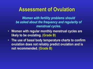 Assessment of Ovulation Women with fertility problems should b e asked about the frequency and regularity of menstrual cycles. Women with regular monthly menstrual cycles are likely to be ovulating.  (Grade B) The use of basal body temperature charts to confirm ovulation does not reliably predict ovulation and is not recommended.  (Grade B) 
