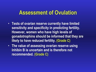 Assessment of Ovulation Tests of ovarian reserve currently have limited sensitivity and specificity in predicting fertility. However, women who have high levels of gonadotrophins should be informed that they are likely to have reduced fertility.  (Grade C) The value of assessing ovarian reserve using Inhibin B is uncertain and is therefore not recommended.  (Grade C) 