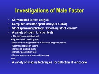 Investigations of Male Factor Conventional semen analysis Computer- assisted sperm analysis  ( CASA ) Strict sperm morphology  "Tygerberg strict  criteria“ A variety of sperm function tests - The acrosome reaction test  - Hypo-osmotic swelling test - Measurement of generation of Reactive oxygen species - Sperm capacitation assays  - Hemizona-binding assay - Hamster penetration test - Human sperm-zona penetration assay - etc. A variety of imaging techniques  for detection of varicocele 