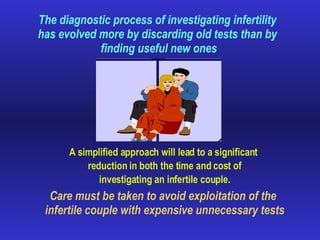 Care must be taken to avoid exploitation of the infertile couple with expensive unnecessary tests A simplified approach will lead to a significant reduction in both the time and cost of investigating an infertile couple. The diagnostic process of investigating infertility has evolved more by discarding old tests than by finding useful new ones 