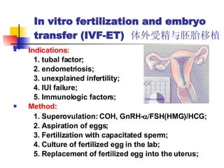 In vitro fertilization and embryo transfer (IVF-ET)  体外受精与胚胎移植 Indications: 1. tubal factor; 2. endometriosis; 3. unexplained infertility; 4. IUI failure; 5. Immunologic factors; Method:   1. Superovulation: COH, GnRH-  FSH(HMG)/HCG; 2. Aspiration of eggs; 3. Fertilization with capacitated sperm; 4. Culture of fertilized egg in the lab; 5. Replacement of fertilized egg into the uterus; 