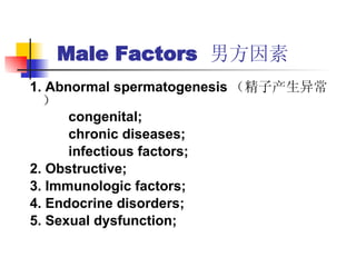 Male Factors  男方因素 1. Abnormal spermatogenesis （ 精子产生异常 ） congenital; chronic diseases; infectious factors; 2. Obstructive; 3. Immunologic factors; 4. Endocrine disorders; 5. Sexual dysfunction; 
