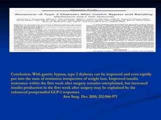 Conclusion: With gastric bypass, type 2 diabetes can be improved and even rapidly put into the state of remission irrespective of weight loss. Improved insulin resistance within the first week after surgery remains unexplained, but increased insulin production in the first week after surgery may be explained by the enhanced postprandial GLP-1 responses   Ann Surg. Dec 2010; 252:966-971 