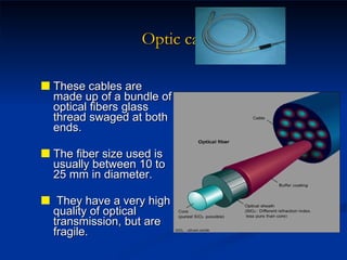 Optic cables These cables are made up of a bundle of optical fibers glass thread swaged at both ends.  The fiber size used is usually between 10 to 25 mm in diameter. They have a very high quality of optical transmission, but are fragile. 
