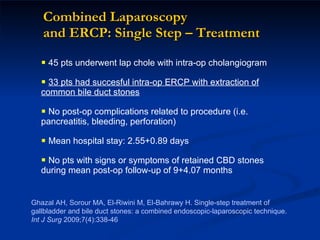 Combined Laparoscopy  and ERCP: Single Step – Treatment 45 pts underwent lap chole with intra-op cholangiogram 33 pts had succesful intra-op ERCP with extraction of common bile duct stones No post-op complications related to procedure (i.e. pancreatitis, bleeding, perforation) Mean hospital stay: 2.55+0.89 days No pts with signs or symptoms of retained CBD stones during mean post-op follow-up of 9+4.07 months Ghazal AH, Sorour MA, El-Riwini M, El-Bahrawy H. Single-step treatment of gallbladder and bile duct stones: a combined endoscopic-laparoscopic technique.  Int J Surg  2009;7(4):338-46 