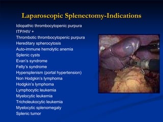 Laparoscopic Splenectomy-Indications Idiopathic thrombocytopenic purpura ITP/HIV + Thrombotic thrombocytopenic purpura Hereditary spherocytosis Auto-immune hemolytic anemia Splenic cysts Evan’s syndrome Felty’s syndrome Hypersplenism (portal hypertension) Non Hodgkin’s lymphoma Hodgkin’s lymphoma Lymphocytic leukemia Myelocytic leukemia Tricholeukocytic leukemia Myelocytic splenomegaly Splenic tumor 