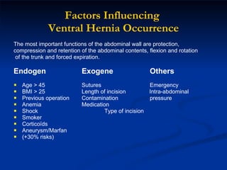 Factors Influencing  Ventral Hernia Occurrence The most important functions of the abdominal wall are protection,  compression and retention of the abdominal contents, flexion and rotation of the trunk and forced expiration. Endogen Exogene Others Age > 45 Sutures Emergency BMI > 25 Length of incision   Intra-abdominal  Previous operation Contamination pressure Anemia Medication Shock Type of incision Smoker Corticoïds Aneurysm/Marfan (+30% risks) 