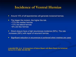 Incidence of Ventral Hernias Around 10% of all laparotomies will generate incisional hernias.  The bigger the incision, the higher the risk. ~77% are median hernias ~17% are lateral hernias ~6% are iliac hernias Direct closure have a high recurrences incidence (50%). The rate increases (58%) with repair of recurrent hernias. Significant reduction in recurrences is achieved when meshes are used. Luijendijk   RW, et al.  A Comparison of Suture Repair with Mesh Repair for Incisional  Hernia .NEJM  2000; 343:392-398  