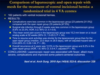 Comparison of laparoscopic and open repair with mesh for the treatment of ventral incisional hernia: a randomized trial in 4 VA centres 162 patients with ventral incisional hernias. RESULTS:  Complications were less common in the laparoscopic group (23 patients [31.5%]) compared with the open repair group (35 patients [47.9%] Surgical site infection through 8 weeks was less common in the laparoscopic group (5.6% vs 23.3%; AOR, 0.2; 95% CI, 0.1-0.6). The mean worst pain score in the laparoscopic group was 15.2 mm lower on a visual analog scale at 52 weeks (95% CI, 1.0-29.3; P = .04).  Time to resume work activities was shorter for the laparoscopic group than for the open repair group (median, 23.0 days vs 28.5 days), with an adjusted hazard ratio of 0.54 (95% CI, 0.28-1.04; P = .06).  Overall recurrence at 2 years was 12.5% in the laparoscopic group and 8.2% in the open repair group (AOR, 1.6; 95% CI, 0.5-4.7; adjusted P = .44). CONCLUSIONS: Laparoscopic repair was associated with fewer, albeit more severe, complications and improved some patient-centered outcomes Itani et al. Arch Surg. 2010 Apr;145(4):322-8; discussion 328 