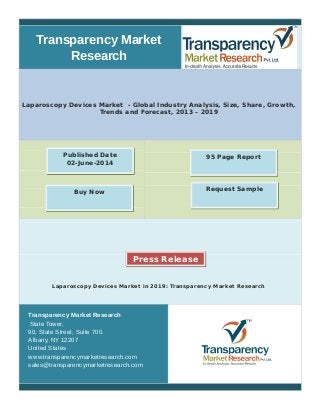 Transparency Market 
Research 
Laparoscopy Devices Market - Global Industry Analysis, Size, Share, Growth, 
Trends and Forecast, 2013 – 2019 
Published Date 95 Page Report 
02-June-2014 
Buy Now Request Sample 
Press Release 
Laparoscopy Devices Market in 2019: Transparency Market Research 
Transparency Market Research 
State Tower, 
90, State Street, Suite 700. 
Albany, NY 12207 
United States 
www.transparencymarketresearch.com 
sales@transparencymarketresearch.com 
 