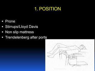 © Royal College of Obstetricians and Gynaecologists
1. POSITION
 Prone
 Stirrups/Lloyd Davis
 Non slip mattress
 Trendelenberg after ports
Aboubakr Elnashar
 