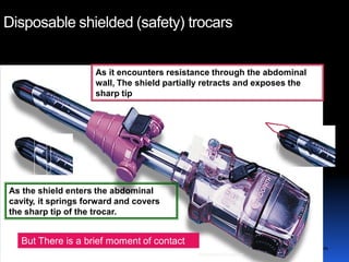 © Royal College of Obstetricians and Gynaecologists
Disposable shielded (safety) trocars
As it encounters resistance through the abdominal
wall, The shield partially retracts and exposes the
sharp tip
As the shield enters the abdominal
cavity, it springs forward and covers
the sharp tip of the trocar.
But There is a brief moment of contact
Aboubakr Elnashar
 