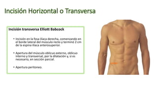 Incisión transversa Elliott Babcock
• Incisión en la fosa ilíaca derecha, comenzando en
el borde lateral del músculo recto y terminó 2 cm
de la espina ilíaca anterosuperior.
• Apertura del músculo oblicuo externo, oblicuo
interno y transversal, por la dilatación y, si es
necesario, en sección parcial.
• Apertura peritoneo.
Incisión Horizontal o Transversa
 