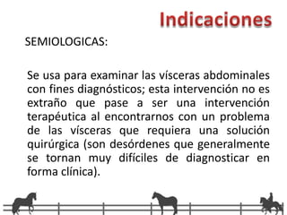 Indicaciones   SEMIOLOGICAS: Se usa para examinar las vísceras abdominales con fines diagnósticos; esta intervención no es extraño que pase a ser una intervención terapéutica al encontrarnos con un problema de las vísceras que requiera una solución quirúrgica (son desórdenes que generalmente se tornan muy difíciles de diagnosticar en forma clínica).