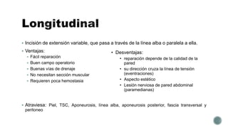  Incisión de extensión variable, que pasa a través de la línea alba o paralela a ella.
 Ventajas:
 Fácil reparación
 Buen campo operatorio
 Buenas vías de drenaje
 No necesitan sección muscular
 Requieren poca hemostasia
 Atraviesa: Piel, TSC, Aponeurosis, línea alba, aponeurosis posterior, fascia transversal y
peritoneo
• Desventajas:
• reparación depende de la calidad de la
pared
• su dirección cruza la línea de tensión
(eventraciones)
• Aspecto estético
• Lesión nerviosa de pared abdominal
(paramedianas)
 