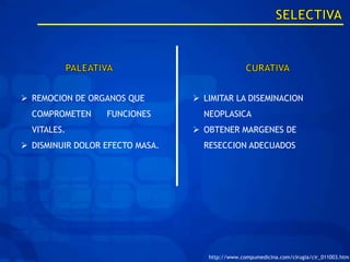  REMOCION DE ORGANOS QUE         LIMITAR LA DISEMINACION
  COMPROMETEN     FUNCIONES        NEOPLASICA
  VITALES.                        OBTENER MARGENES DE
 DISMINUIR DOLOR EFECTO MASA.     RESECCION ADECUADOS




                                    http://www.compumedicina.com/cirugia/cir_011003.htm
 