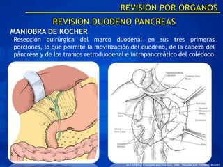 MANIOBRA DE KOCHER
Resección quirúrgica del marco duodenal en sus tres primeras
porciones, lo que permite la movilización del duodeno, de la cabeza del
páncreas y de los tramos retroduodenal e intrapancreático del colédoco




                                       ACS Surgery: Principles and Practice, 2006, TRAUMA AND THERMAL INJURY
 
