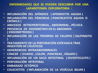 ENFERMEDADES QUE SE PUEDEN DESCUBRIR POR UNA
LAPAROTOMÍA EXPLORATORIA :
• INFLAMACIÓN DEL APÉNDICE ( APENDICITIS AGUDA )
• INFLAMACIÓN DEL PÁNCREAS ( PANCREATITIS AGUDA O
CRÓNICA )
• ABSCESOS RETROPERITONEAL , ABDOMINAL , PÉLVICA
• PRESENCIA DE ENDOMETRIO EN EL ABDOMEN
( ENDOMETRIOSIS )
• INFLAMACIÓN DE LAS TROMPAS DE FALOPIO ( SALPINGITIS
)
• TRATAMIENTO DE LA PERFORACIÓN ESÓFAGICA TRAS
INGESTIÓN DE CÁUSTICOS
• ADHERENCIAS INTRAABDOMINALES
• CÁNCER ( OVARIO , COLON , PÁNCREAS , HÍGADO )
• INFLAMACIÓN DE UN SACO INTESTINAL ( DIVERTICULITIS )
• PERFORACIÓN INTESTINAL
• EMBARAZO ECTÓPICO
• COLECISTITIS ( INFLAMACIÓN DE LA VESÍCULA BILIAR )
 