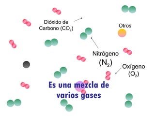 Es una mezcla de varios gases Nitrógeno  (N 2 ) Oxígeno (O 2 ) Dióxido de Carbono (CO 2 ) Otros 