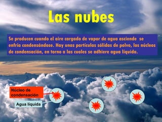 Las nubes Se producen cuando el aire cargado de vapor de agua asciende  se enfría condensándose. Hay unas partículas sólidas de polvo, los núcleos de condensación, en torno a las cuales se adhiere agua líquida. Núcleo de condensación Agua líquida 