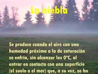 La niebla Se produce cuando el aire con una humedad próxima a la de saturación se enfría, sin alcanzar los 0ºC, al entrar en contacto con una superficie (el suelo o el mar) que, a su vez, se ha enfriado.   