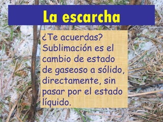 La escarcha Se forma por sublimación de vapor de agua directamente a hielo. Se da en noches despejadas  muy frías, por debajo de los 0ºC ¿Te acuerdas? Sublimación es el cambio de estado de gaseoso a sólido, directamente, sin pasar por el estado líquido. 