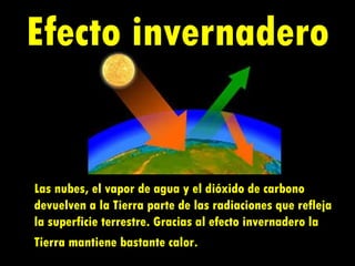 Las nubes, el vapor de agua y el dióxido de carbono devuelven a la Tierra parte de las radiaciones que refleja la superficie terrestre. Gracias al efecto invernadero la Tierra mantiene bastante calor.   Efecto invernadero 