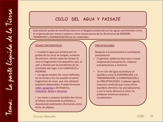 Tema:    La parte líquida de la TierraIMPORTANCIA   DEL   CICLO   DEL   AGUA   Es fundamental para el desarrollo de la vida en la Tierra.Garantiza que la cantidad total de agua en la Tierra sea constante (siempre el mismo). Aunque esto no quiere decir que la cantidad de agua apta para el consumo humano sea siempre la misma. De ahí la necesidad de concienciar de la importancia del ahorro de su consumo y de evitar alterar el ciclo del agua.Está directamente relacionado con el CLIMA y el PAISAJE de la Tierra.Ciencias Naturales                                                                                          1ºESO9