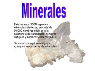 Minerales Existen unas 3000 especies minerales distintas, con más de 14.000 nombres (debido a la existencia de variedades, nombres antiguos y nombres comerciales…). Se muestran aquí sólo algunos ejemplos importantes de minerales.  