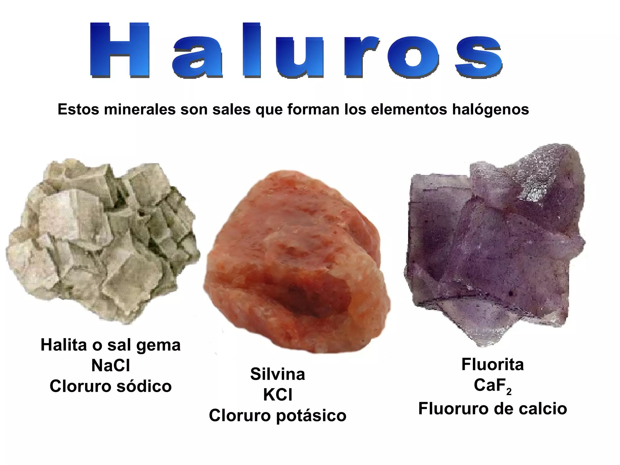 Haluros Estos minerales son sales que forman los elementos halógenos Halita o sal gema NaCl Cloruro sódico Silvina KCl Cloruro potásico Fluorita CaF 2 Fluoruro de calcio 