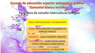 ÁREA: PARTICIPACIÓN Y DELIBERACIÓN
DOCENTE : JUAN VIZARRETA SANCHEZ
INTEGRANTES:- FLORES ROJAS MARIA
- CYNTIA ESPINOZA HUARICANCHA
TEMA: PARTICIPACIÓN CIUDADANA EN
ESPACIO PUBLICO
CICLO ACADÉMICO: IV CICLO EPIB
Programa de estudio intercultural bilingüe
 