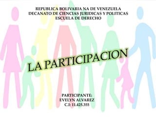 REPUBLICA BOLIVARIA NA DE VENEZUELA
DECANATO DE CIENCIAS JURIDICAS Y POLITICAS
ESCUELA DE DERECHO
PARTICIPANTE:
EVELYN ALVAREZ
C.I: 11.425.355
 