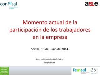 Momento actual de la
participación de los trabajadores
en la empresa
Sevilla, 13 de Junio de 2014
Josetxo Hernández Duñabeitia
jhd@asle.es
 