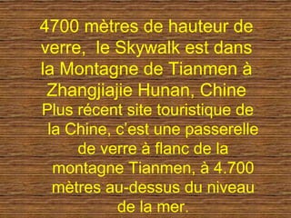 4700 mètres de hauteur de
verre, le Skywalk est dans
la Montagne de Tianmen à
Zhangjiajie Hunan, Chine
Plus récent site touristique de
la Chine, c’est une passerelle
de verre à flanc de la
montagne Tianmen, à 4.700
mètres au-dessus du niveau
de la mer.
 