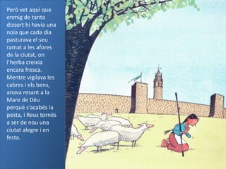 Però vet aquí que
enmig de tanta
dissort hi havia una
noia que cada dia
pasturava el seu
ramat a les afores
de la ciutat, on
l’herba creixia
encara fresca.
Mentre vigilava les
cabres i els bens,
anava resant a la
Mare de Déu
perquè s’acabés la
pesta, i Reus tornés
a ser de nou una
ciutat alegre i en
festa.
 