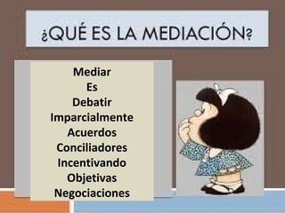 Mediar
Es
Debatir
Imparcialmente
Acuerdos
Conciliadores
Incentivando
Objetivas
Negociaciones
