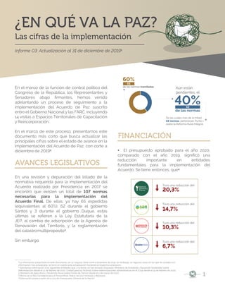 Las cifras de la implementación
Informe 03: Actualización al 31 de diciembre de 20191
.
¿EN QUÉ VA LA PAZ?
1
La información presentada en este documento, en su mayoría, tiene corte a diciembre de 2019, sin embargo, en algunos casos en los que se contaba con
información más actualizada, se tomó en cuenta esta actualización haciendo la respectiva aclaración.
2
Solicitamos información a las siguientes entidades que, a la fecha, no han enviado respuesta: Ministerio de Ambiente y Desarrollo Sostenible (sobre
deforestación) desde el 12 de febrero de 2020; Unidad para las Víctimas (sobre indemnizaciones administrativas en el 2019) desde el 19 de febrero de 2020;
y Ministerio de Agricultura y Desarrollo Rural (sobre Fondo de Tierras) desde el 5 de marzo de 2020.
3
Oficina de la Alta Consejería para el Posconflicto. Matriz de 2017 revisada y depurada.
4
Elaboración propia a partir de la Ley de Presupuesto General de la Nación.
1
AVANCES LEGISLATIVOS
En una revisión y depuración del listado de la
normativa requerida para la implementación del
Acuerdo realizado por Presidencia en 2017 se
encontró que existen un total de 107 normas
necesarias para la implementación del
Acuerdo Final. De ellas, ya hay 65 expedidas
(equivalentes al 60%): 62 durante el gobierno
Santos y 3 durante el gobierno Duque, estas
últimas se reﬁeren a la Ley Estatutaria de la
JEP, al cambio de adscripción de la Agencia de
Renovación del Territorio, y la reglamentación
del catastromultipropósito3
.
Sin embargo:
En el marco de la función de control político del
Congreso de la República, los Representantes y
Senadores abajo ﬁrmantes, hemos venido
adelantando un proceso de seguimiento a la
implementación del Acuerdo de Paz suscrito
entre el Gobierno Nacional y las FARC, incluyendo
14 visitas a Espacios Territoriales de Capacitación
y Reincorporación.
En el marco de este proceso, presentamos este
documento más corto que busca actualizar las
principales cifras sobre el estado de avance en la
implementación del Acuerdo de Paz, con corte a
diciembre de 20192
.
Aún están
pendientes, el
de las normas
de las normas tramitadas
De las cuales más de la mitad,
22 normas, pertenecen Punto 1
sobre la Reforma Rural Integral.
40%
60%
42
65
FINANCIACIÓN
• El presupuesto aprobado para el año 2020,
comparado con el año 2019, signiﬁcó una
reducción importante en entidades
fundamentales para la implementación del
Acuerdo. Se tiene entonces, que4
:
Tuvo una reducción del
20,3%
14,7%
Tuvo una reducción del
10,3%
Tuvo una reducción del
6,7%
Tuvo una reducción del
 