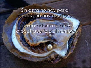 Sin ostra no hay perla; sin paz, no hay equilibrio. La perla adorna a la joya; la paz hace feliz al hombre. 