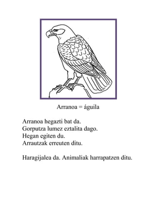 Arranoa = águila
Arranoa hegazti bat da.
Gorputza lumez eztalita dago.
Hegan egiten du.
Arrautzak erreuten ditu.
Haragijalea da. Animaliak harrapatzen ditu.
 