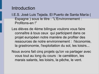 Introduction
I.E.S. José Luis Tejada. El Puerto de Santa María (
Espagne ) sous le titre : ”L'Environnement :
Profitons-en !”
Les élèves de 4ème bilingue voulons vous faire
connaître à tous ceux qui participent dans ce
projet européen notre manière de profiter des
ressources de notre environnement : l'économie,
la grastronomie, l'exploitation du sol, les loisirs...
Nous avons fait cinq projets qu'on va partager avec
vous tout au long du cours : le caméléon, les
marais salants, les loisirs, la pêche, le vent.
 